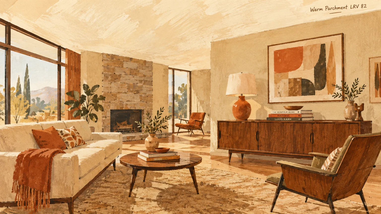 Illustration of a warm parchment living room with mid-century modern furniture, stone fireplace, and large windows.