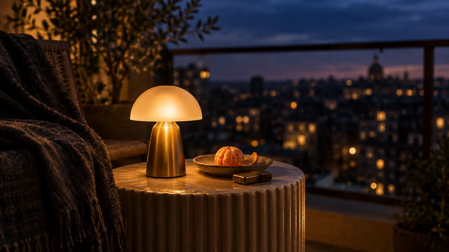 Small glowing mushroom lamp beside a peeled clementine on a fluted balcony side table overlooking a city at dusk.