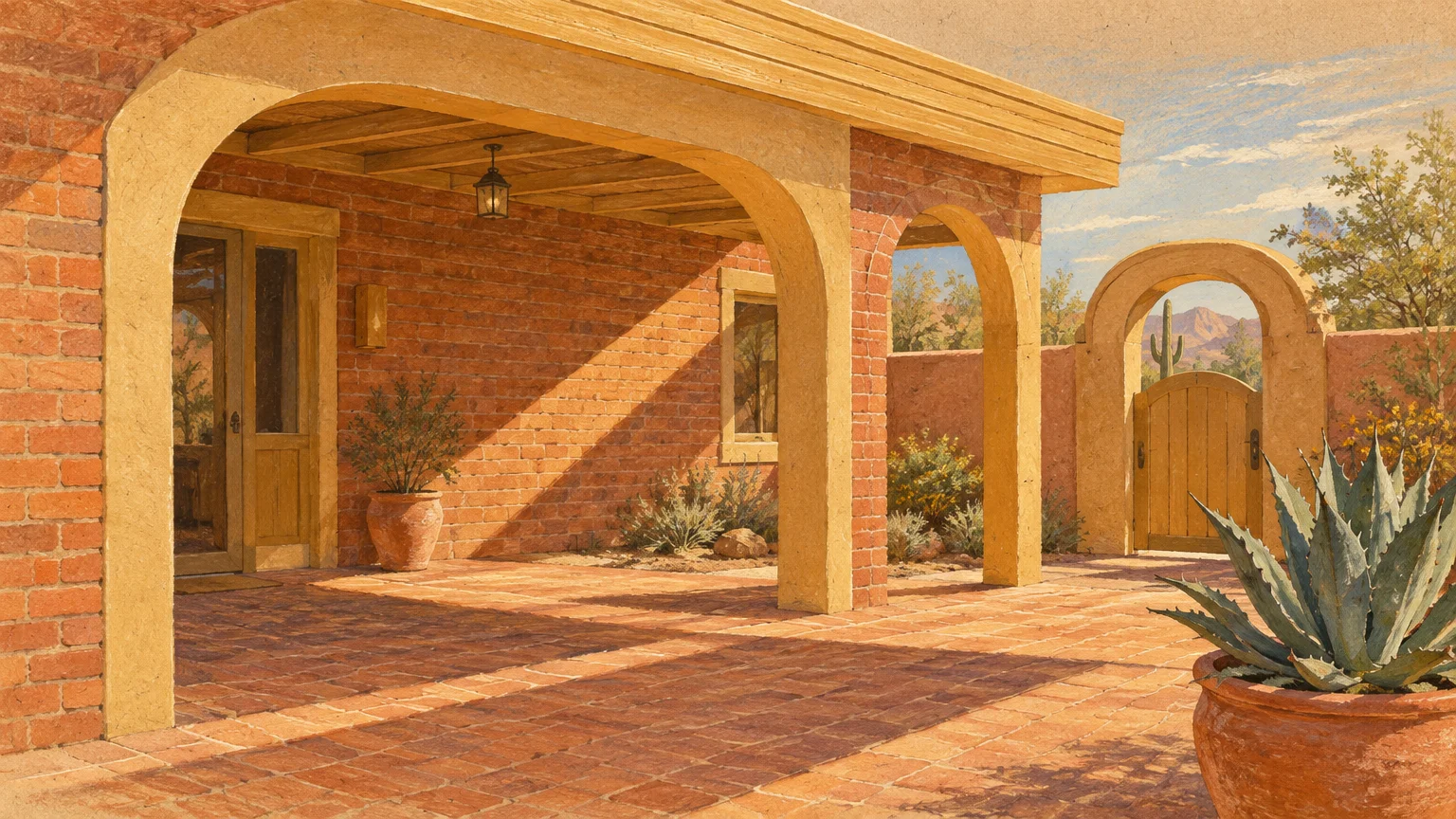 Illustration of a brick southwest home with pale ochre arches, a tiled patio, and an agave plant in a pot.