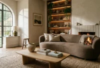 Living room with a curved brown sofa, low wooden coffee table, built-in lit shelving, and a fluted fireplace.