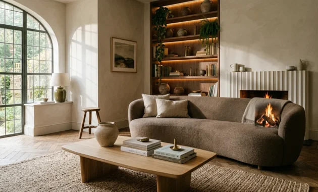 Living room with a curved brown sofa, low wooden coffee table, built-in lit shelving, and a fluted fireplace.