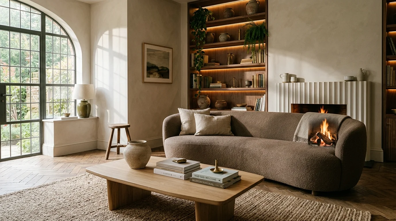 Living room with a curved brown sofa, low wooden coffee table, built-in lit shelving, and a fluted fireplace.