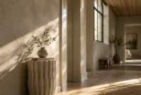 Sunlit hallway with textured beige plaster walls, a vase with olive branches on a pedestal, and wood floors.
