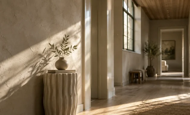 Sunlit hallway with textured beige plaster walls, a vase with olive branches on a pedestal, and wood floors.
