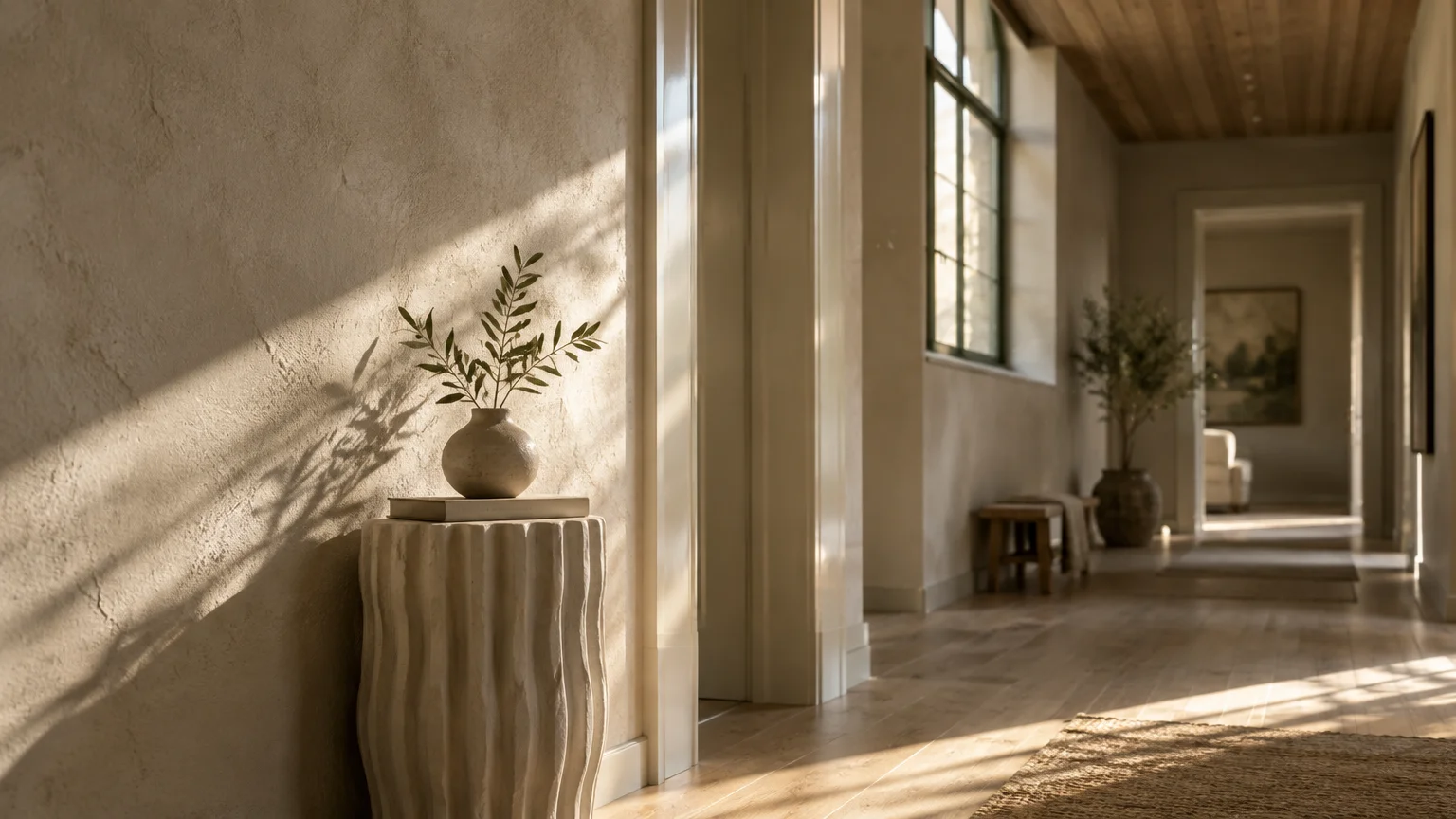 Sunlit hallway with textured beige plaster walls, a vase with olive branches on a pedestal, and wood floors.