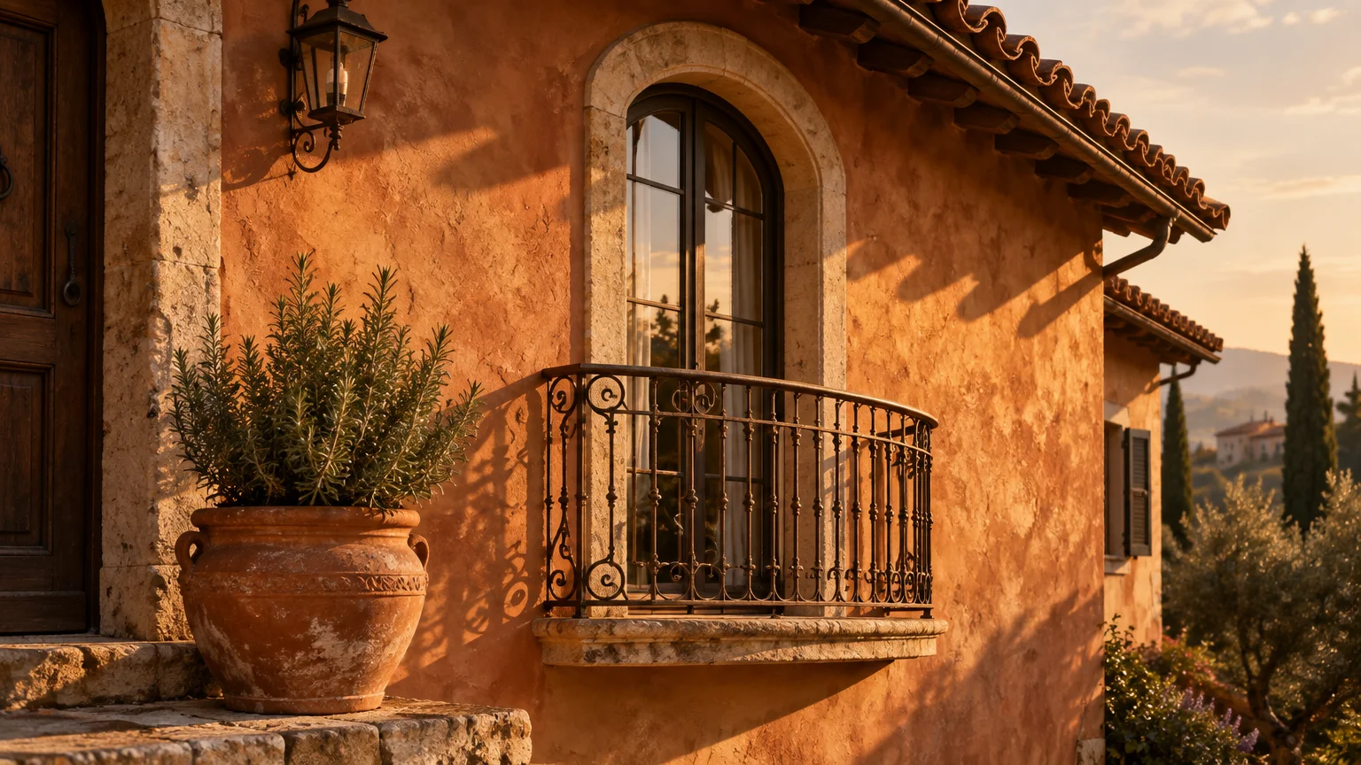 Warm terracotta stucco house with an arched window, wrought iron balcony, potted plant, and clay tile roof in golden light.