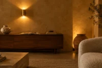 Warmly lit room with textured walls, a modern wooden credenza, glowing wall sconce, and boucle armchair.