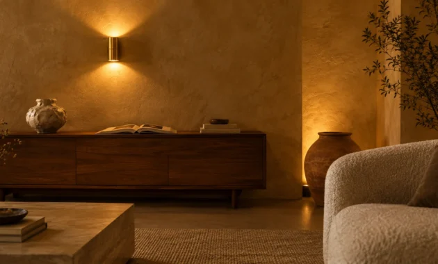 Warmly lit room with textured walls, a modern wooden credenza, glowing wall sconce, and boucle armchair.