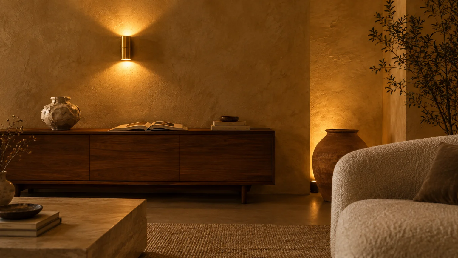Warmly lit room with textured walls, a modern wooden credenza, glowing wall sconce, and boucle armchair.