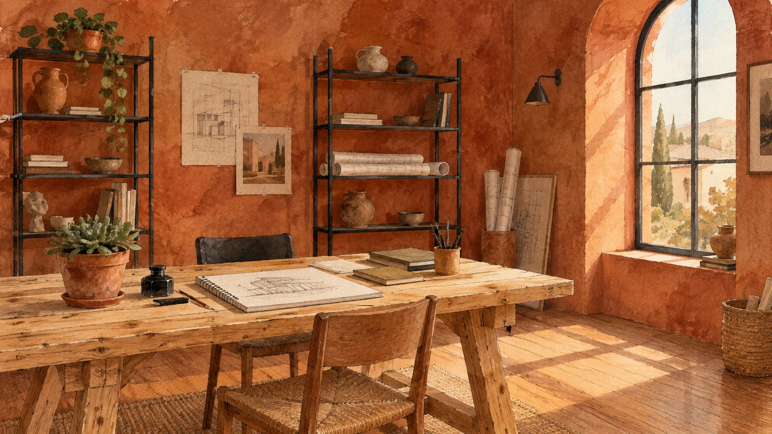 Sunlit artist studio with textured terracotta walls, rustic wooden desk, sketches, potted plants, and an arched window.