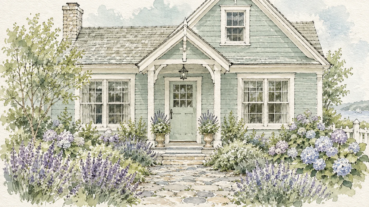 Watercolor illustration of a pale blue-green cottage with white trim, stone chimney, and lavender and hydrangea garden.
