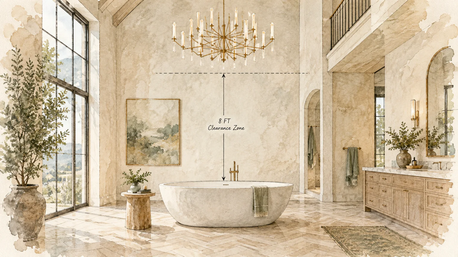 Watercolor illustration of a soaking tub under a chandelier with an 8 FT clearance zone marked vertically.