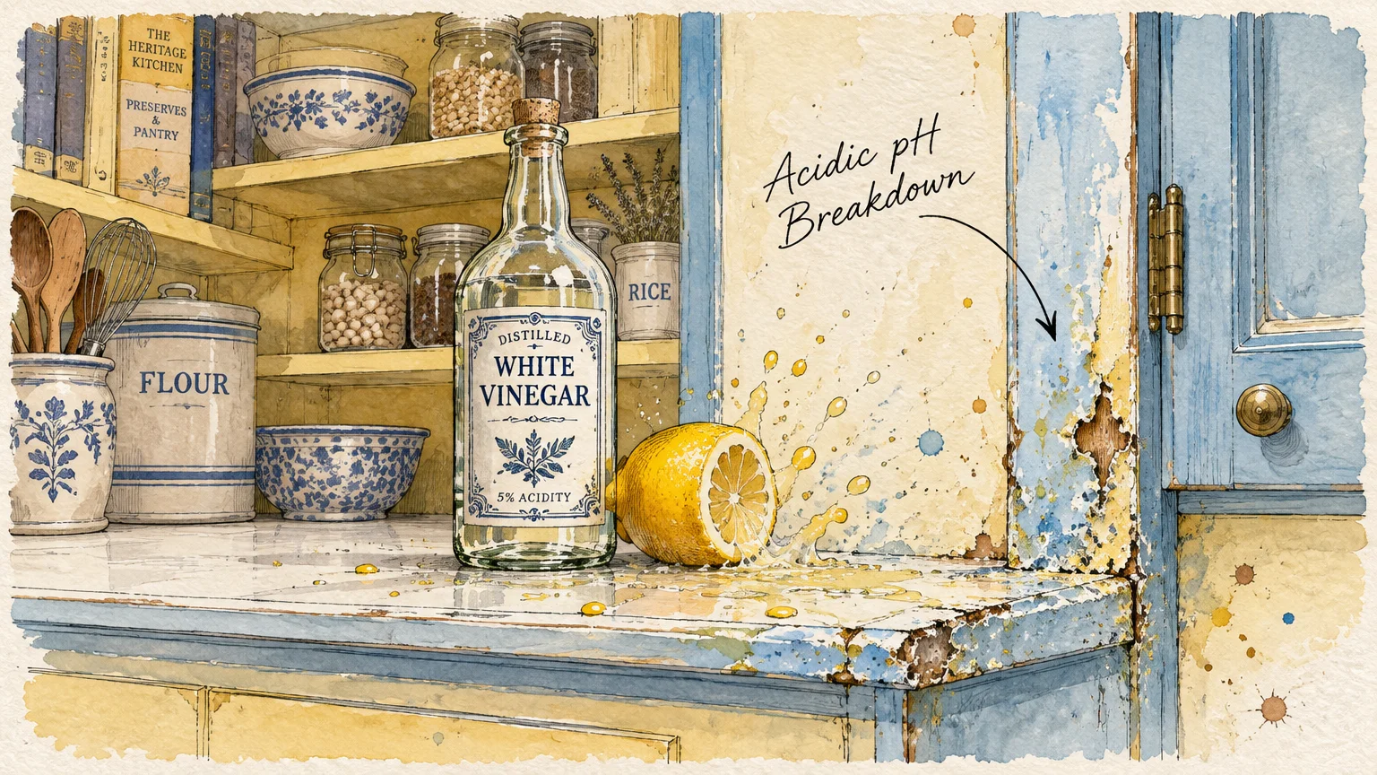 Watercolor sketch of a white vinegar bottle and lemon on a counter beside peeling, acid-damaged blue paint on a cabinet.