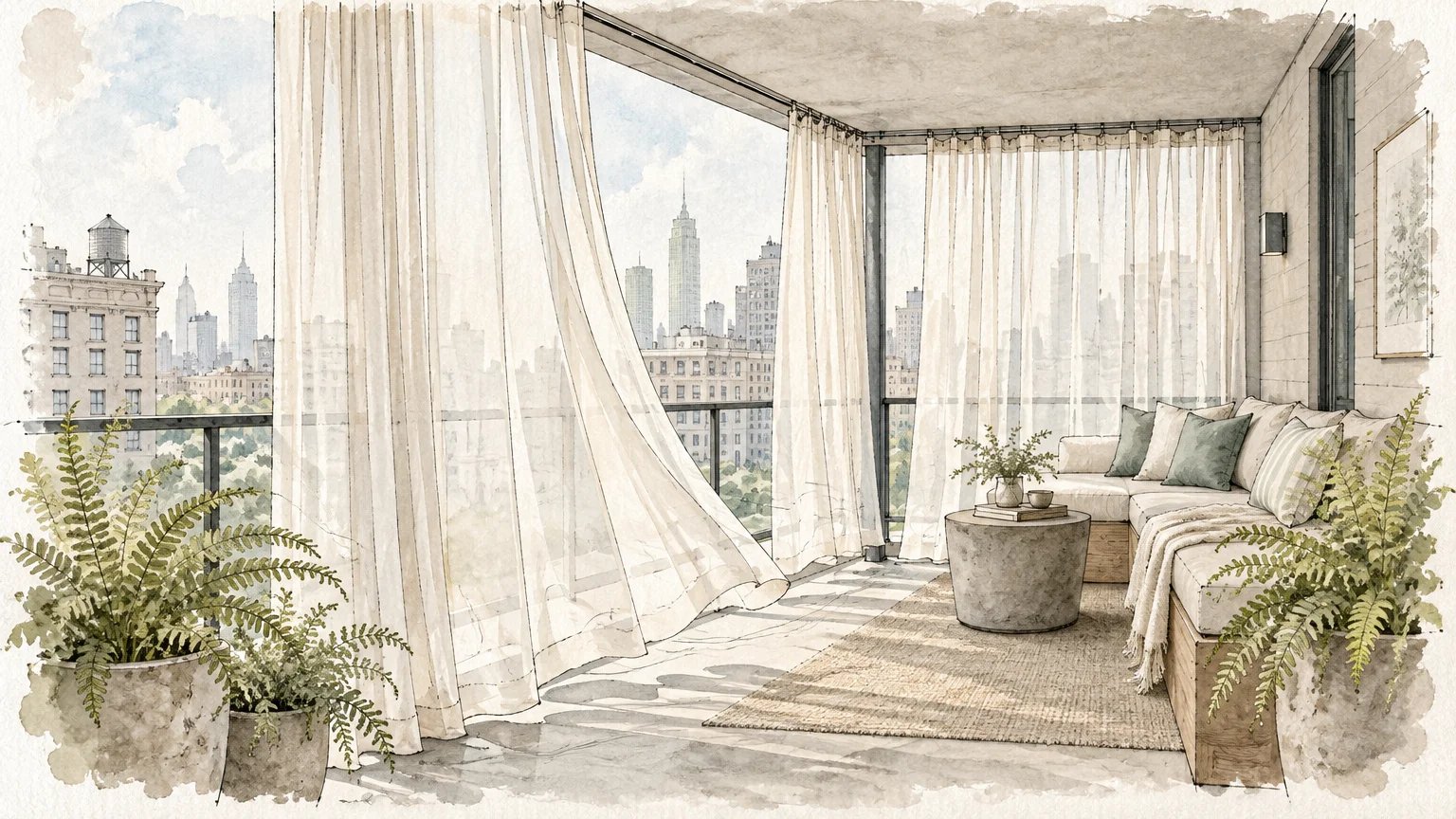 Watercolor sketch of an urban apartment balcony with sheer curtains blowing in the wind, corner couch, and city skyline.