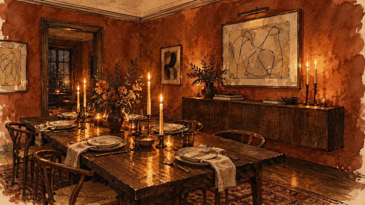 Watercolor illustration of a rustic dining room with terracotta walls, lit candles, and a set wooden table.