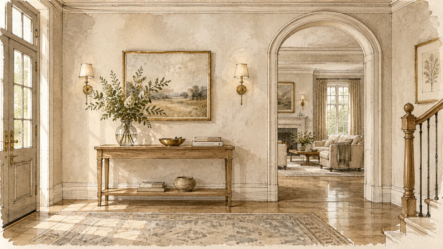Watercolor illustration of a bright entryway with a console table, framed art, wall sconces, and an arched doorway.