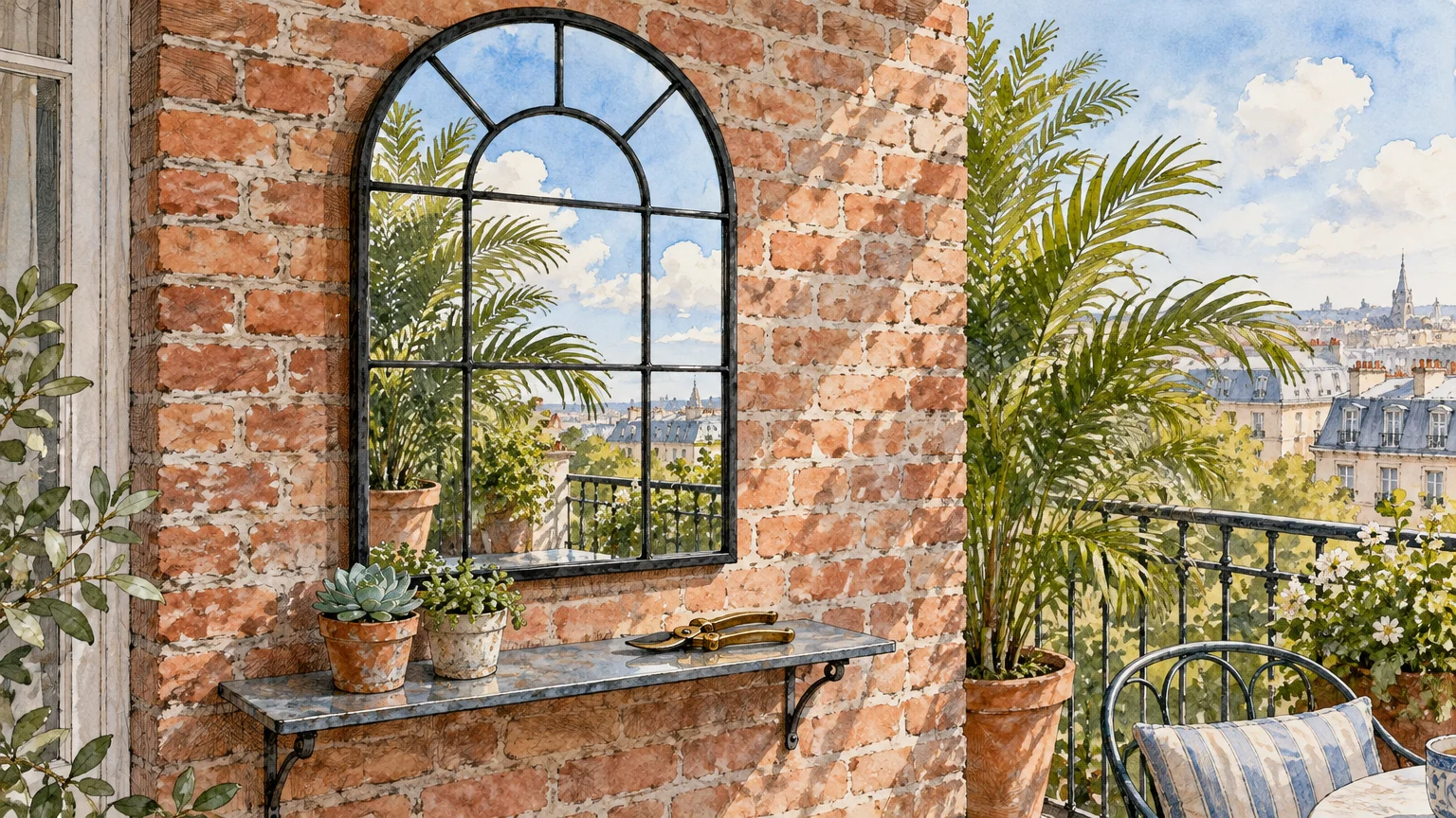 Watercolor illustration of an arched grid mirror on a brick balcony wall, reflecting potted plants and city views.