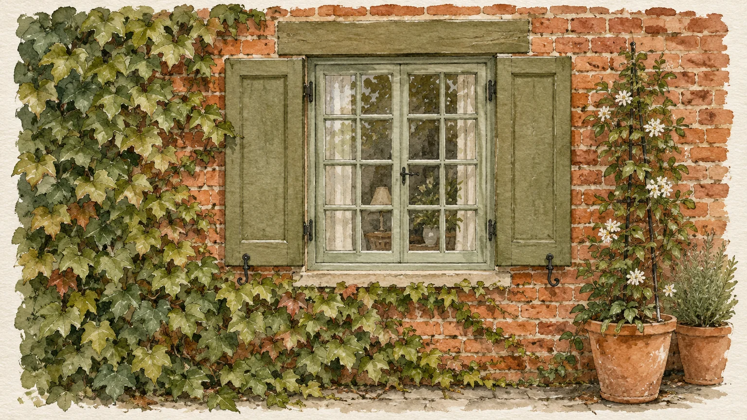 Watercolor illustration of a red brick wall with a sage green shuttered window, climbing ivy, and potted plants.
