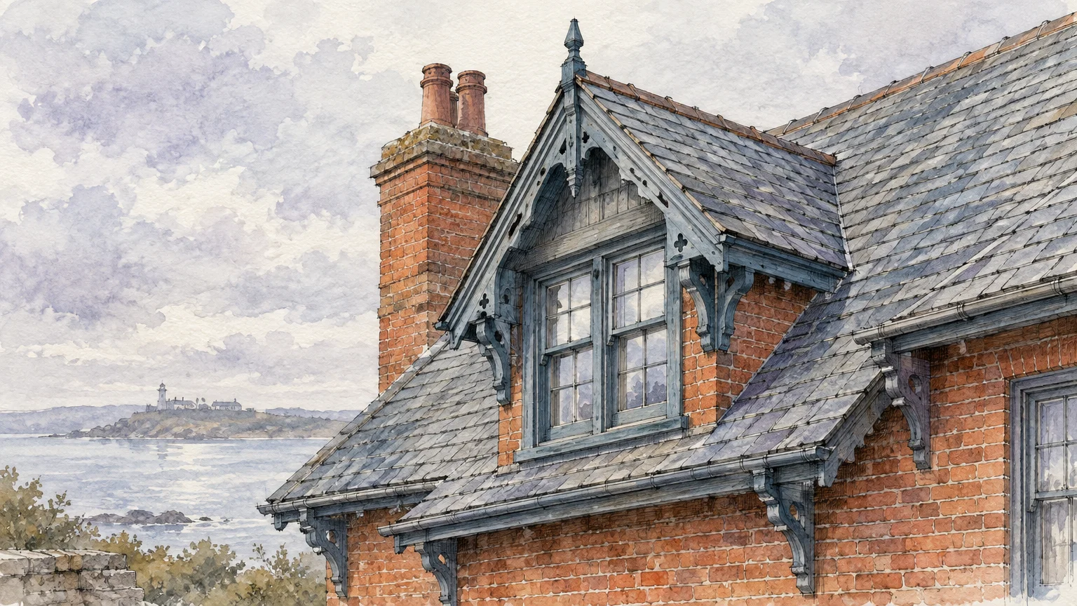 Watercolor illustration of a red brick house with slate roof tiles, blue-gray dormer trim, and a coastal ocean view.