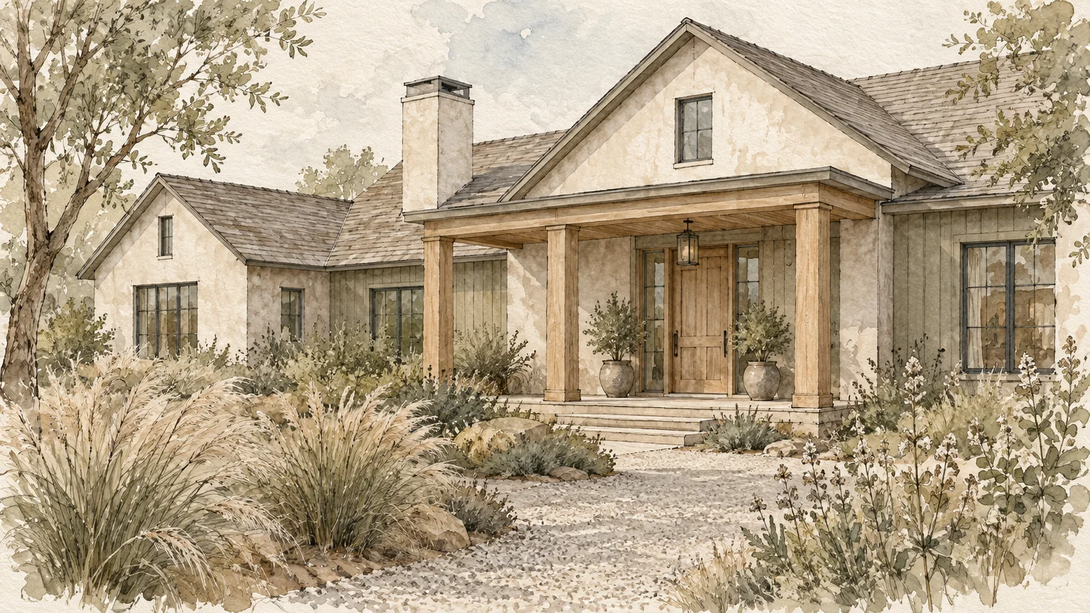 Watercolor illustration of an earthy modern farmhouse with light stucco, wood porch posts, and native grass landscaping.