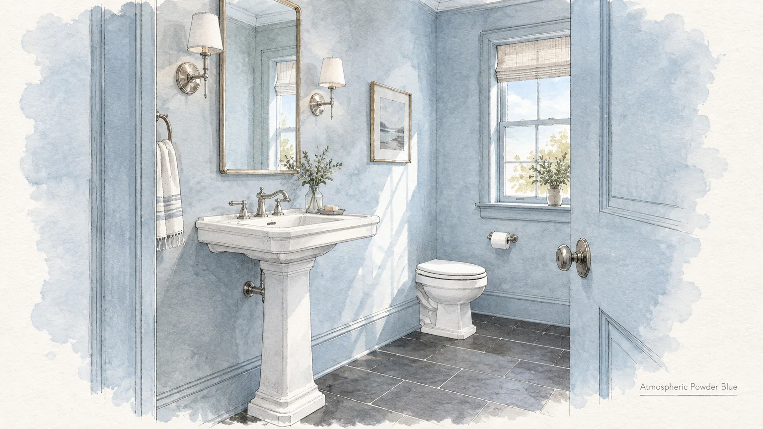 Watercolor illustration of a powder blue bathroom featuring a white pedestal sink, toilet, dark tile floor, and window.