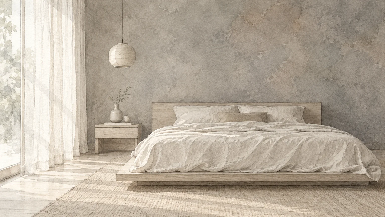 Watercolor illustration of a serene bedroom with a low wooden platform bed, textured plaster wall, and sheer curtains.