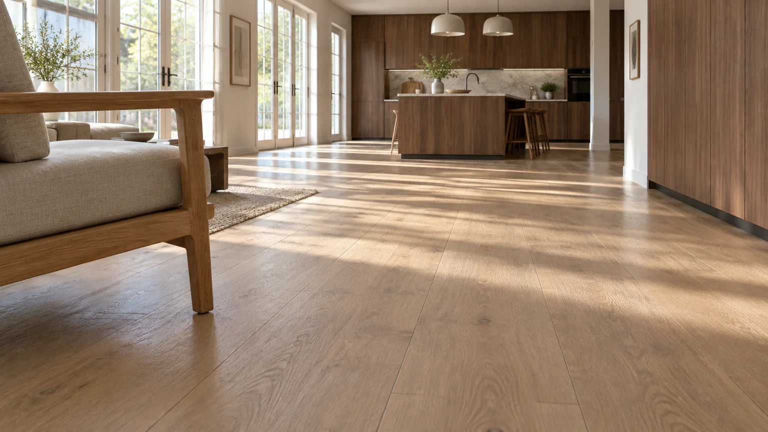 Low-angle view of continuous light wood flooring extending from a sunlit living room into an open kitchen with an island.