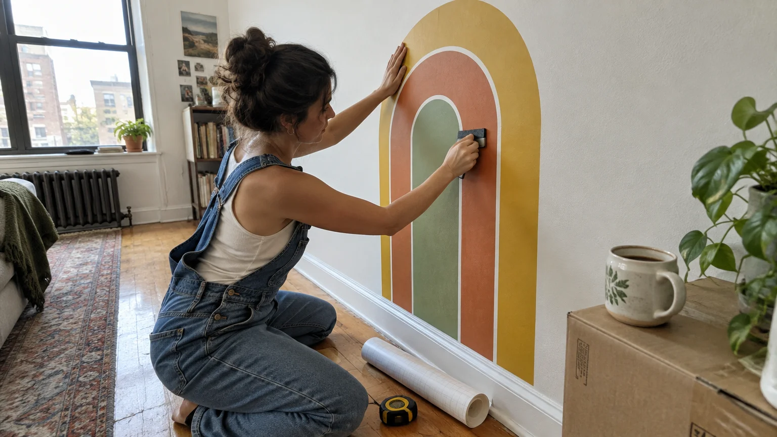 A woman in denim overalls applies a colorful retro arched wall decal onto a white apartment wall using a smoothing tool.