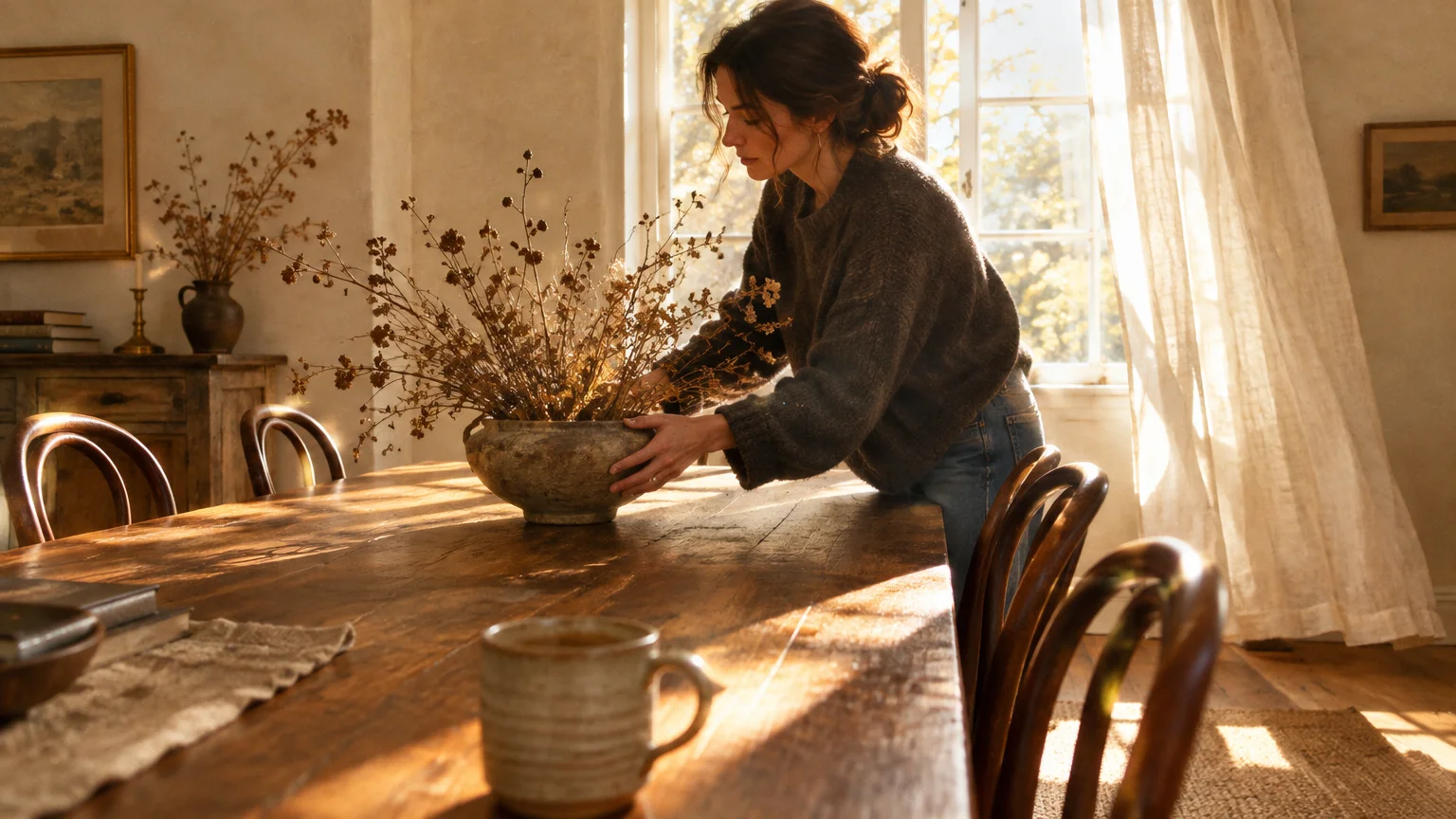 A woman arranges a bowl of dried branches on a rustic wooden dining table in a sunlit dining room.