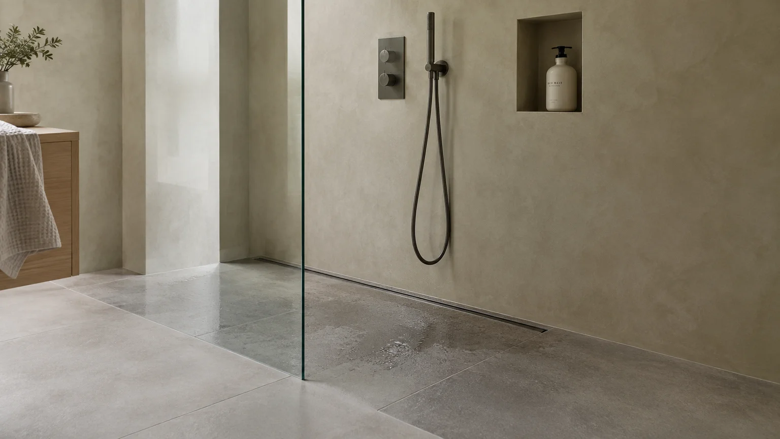 Walk-in shower with a frameless glass partition, zero-threshold tiled floor, linear drain, and dark metal showerhead.