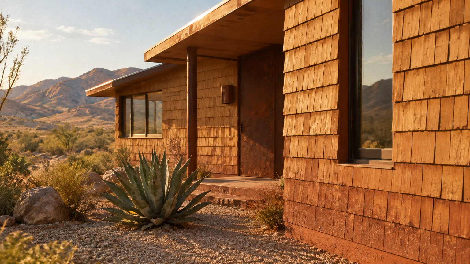 Modern home clad in warm ochre wood shingles beside an agave plant against a sunny desert mountain landscape.