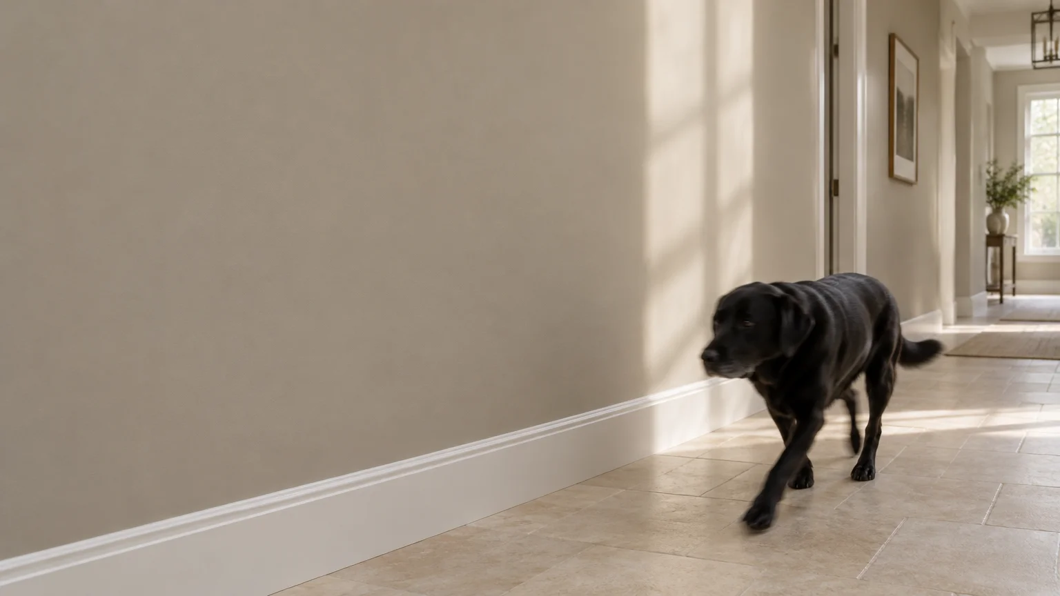 A black dog walks down a sunlit hallway featuring neutral matte walls, white skirting boards, and light-tiled floors.