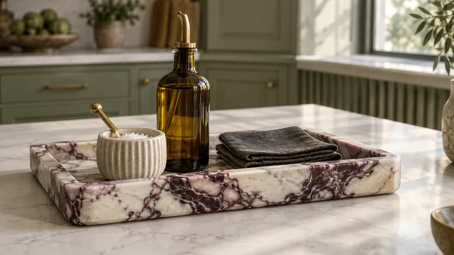 Purple-veined marble tray holding a salt cellar with spoon, amber glass oil dispenser, and folded gray napkin on a counter.