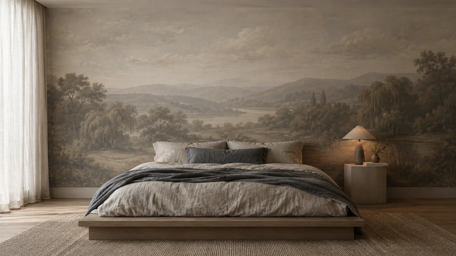 Low platform bed with neutral linens centered in front of a sepia-toned landscape mural wall in a sunlit bedroom.