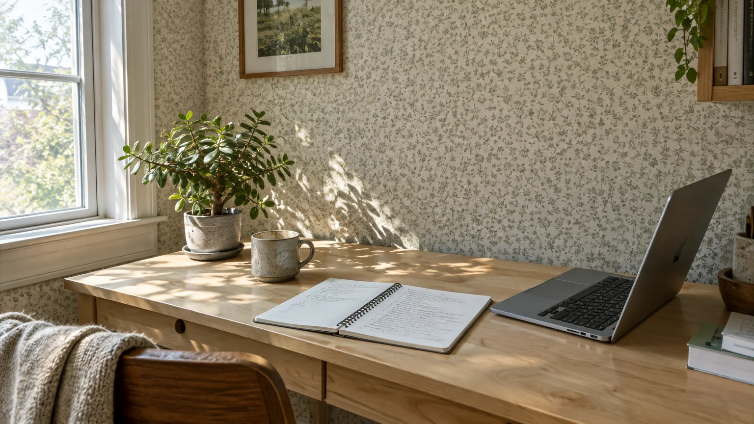 Wooden desk with a laptop, open notebook, and potted jade plant against a wall covered in green micro-floral wallpaper.