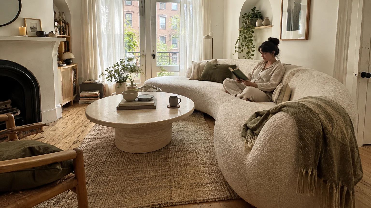 Woman reading on a large curved boucle sofa beside a round stone coffee table in a sunlit living room.