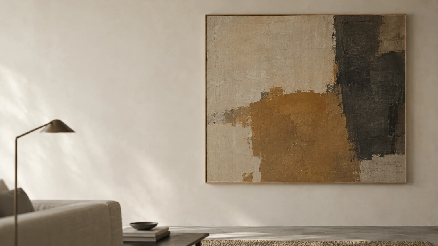 A large minimalist abstract canvas with neutral, ochre, and black tones hangs on a bare beige living room wall.