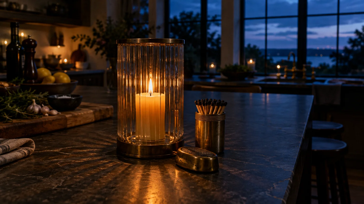 Lit pillar candle inside a fluted glass cylinder lantern beside matches on a dark kitchen island counter.