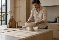 A man in a linen shirt places a stone pedestal bowl on a wooden kitchen island near cutting boards.