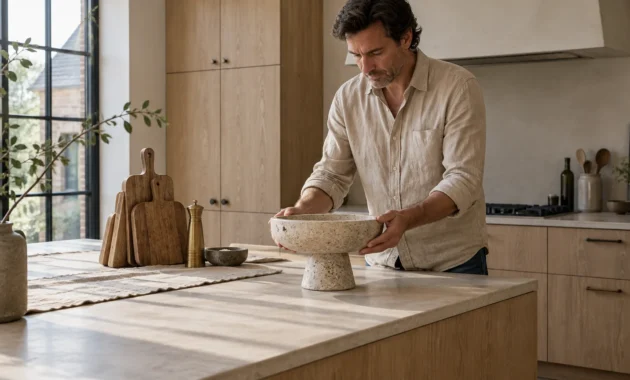 A man in a linen shirt places a stone pedestal bowl on a wooden kitchen island near cutting boards.