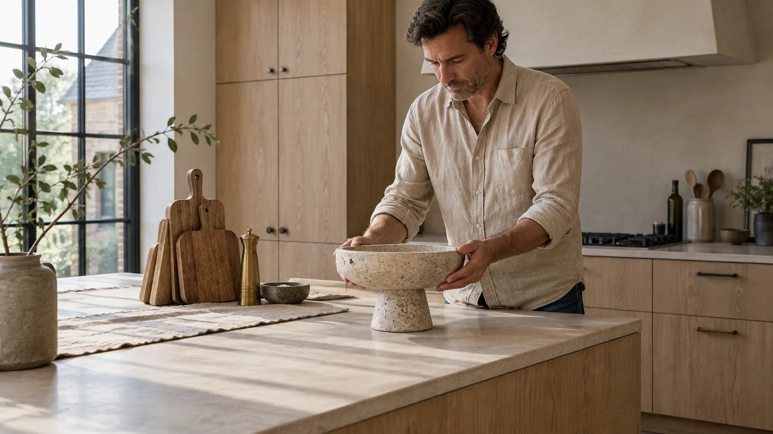A man in a linen shirt places a stone pedestal bowl on a wooden kitchen island near cutting boards.