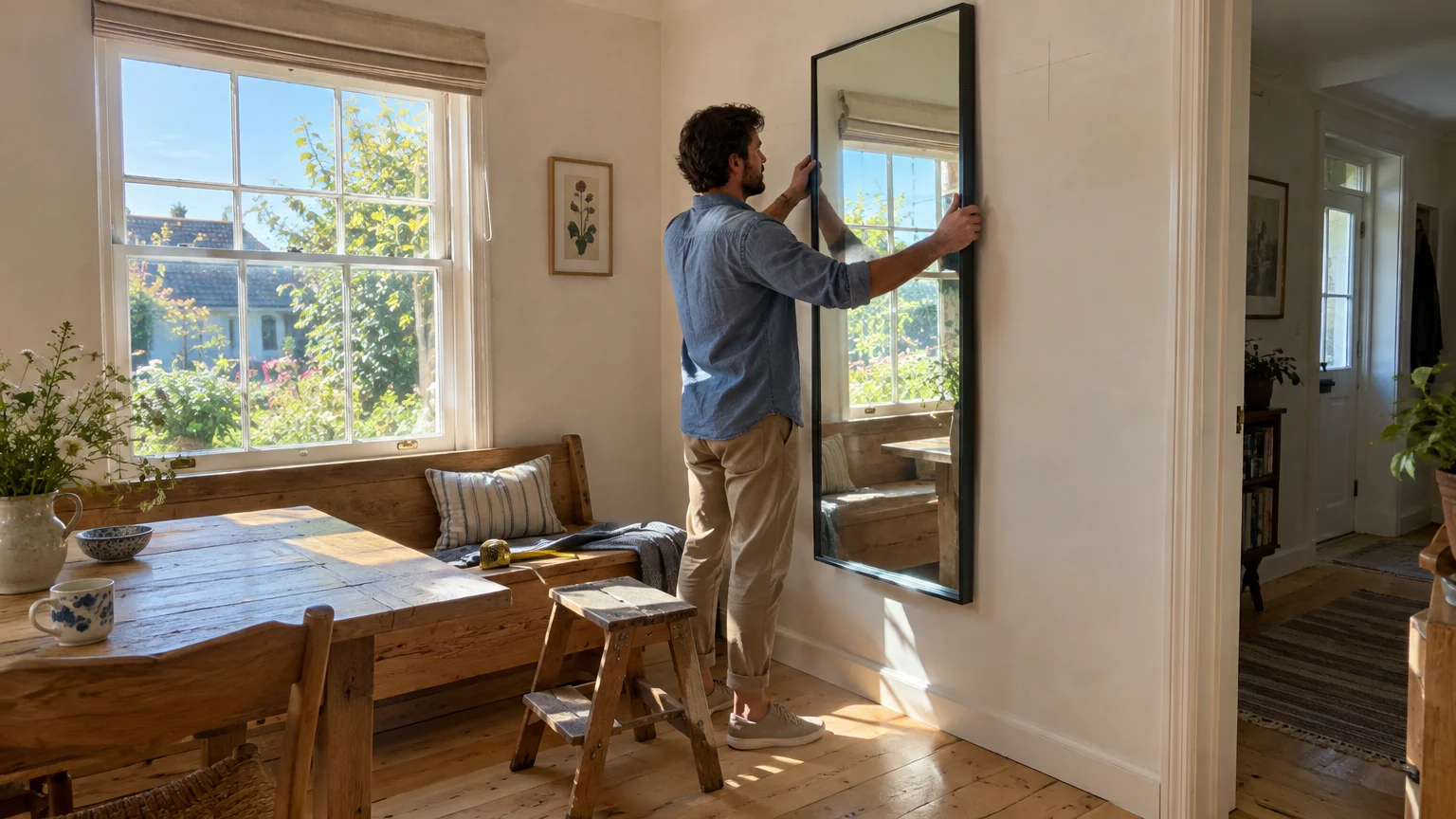 A man hangs a tall, black-framed rectangular mirror on a white dining room wall adjacent to a sunny window.