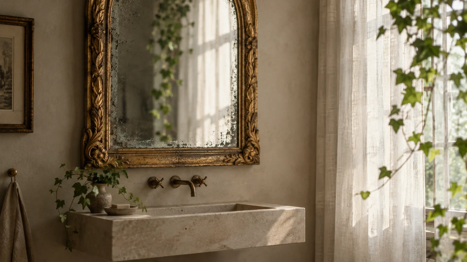 Vintage arched mirror with an ornate gold frame mounted over a floating stone sink basin beside a window.