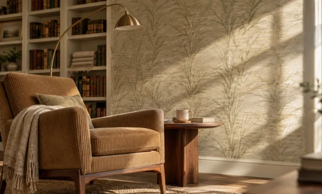 Reading nook with a ribbed brown armchair, floor lamp, bookshelf, and subtle botanical wallpaper in sunlight.
