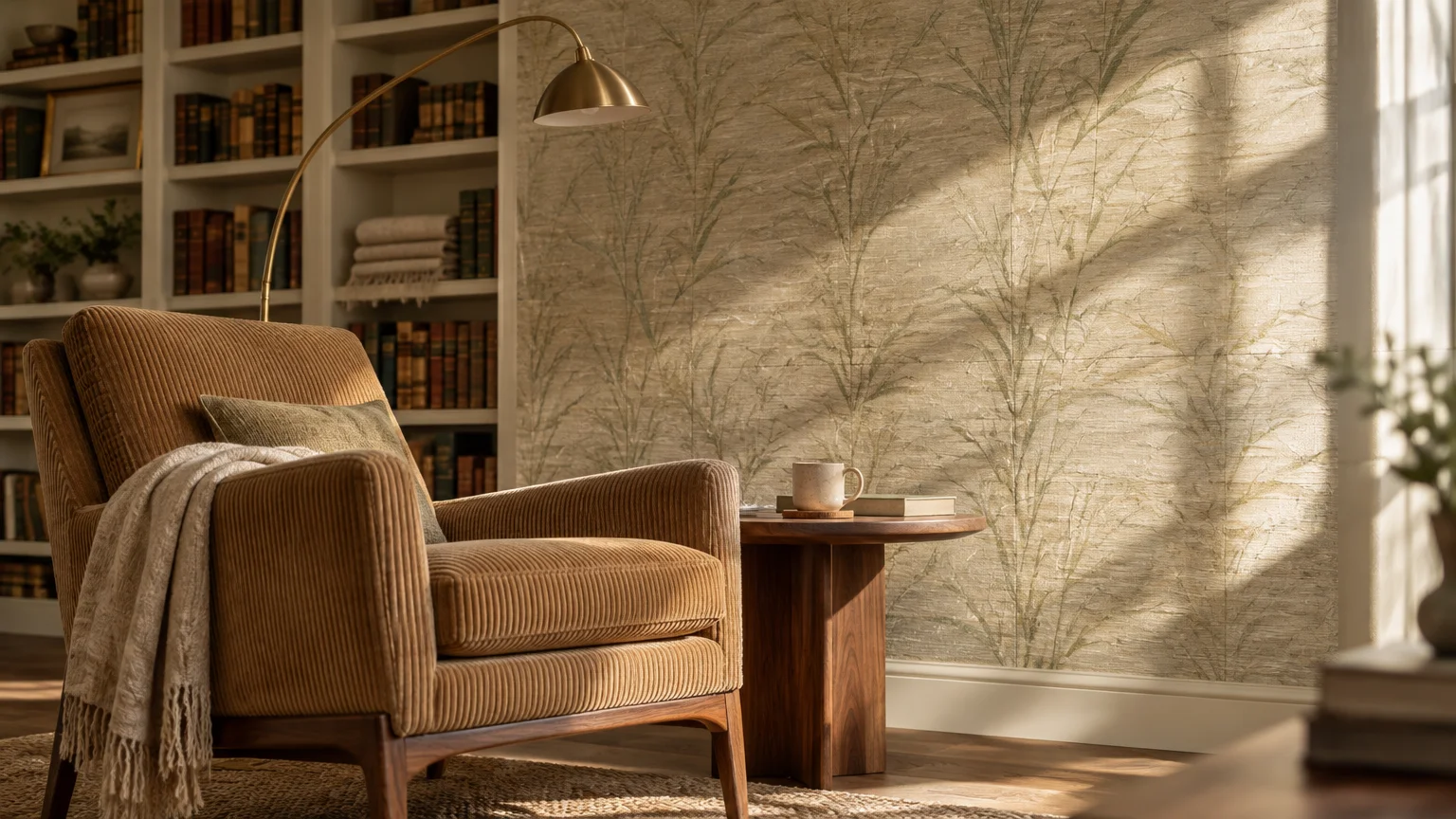 Reading nook with a ribbed brown armchair, floor lamp, bookshelf, and subtle botanical wallpaper in sunlight.