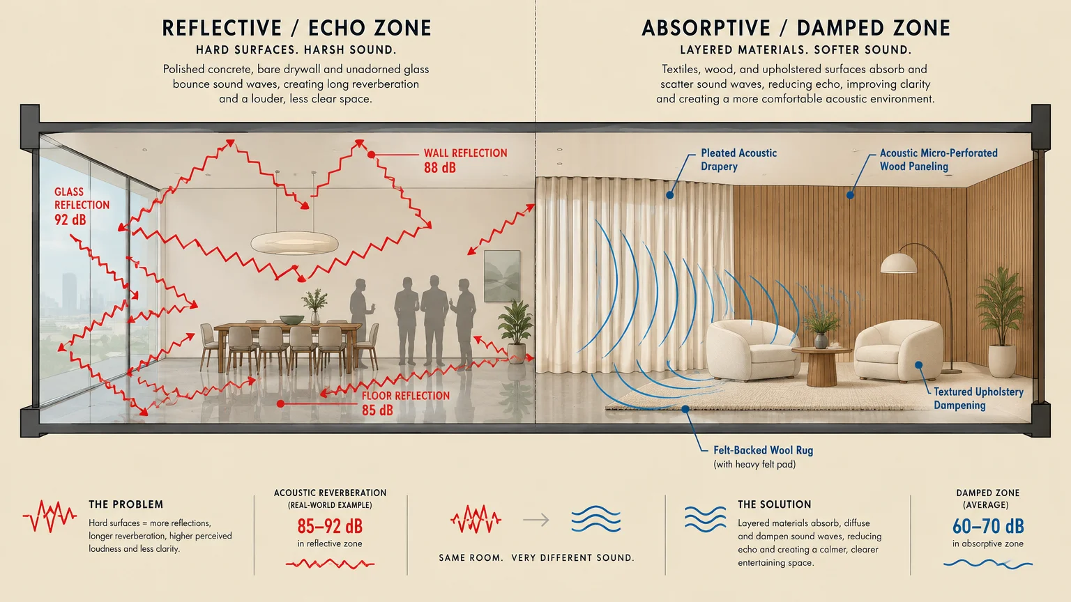 Diagram contrasting a reflective echo zone of hard surfaces with an absorptive damped zone using layered acoustic materials.