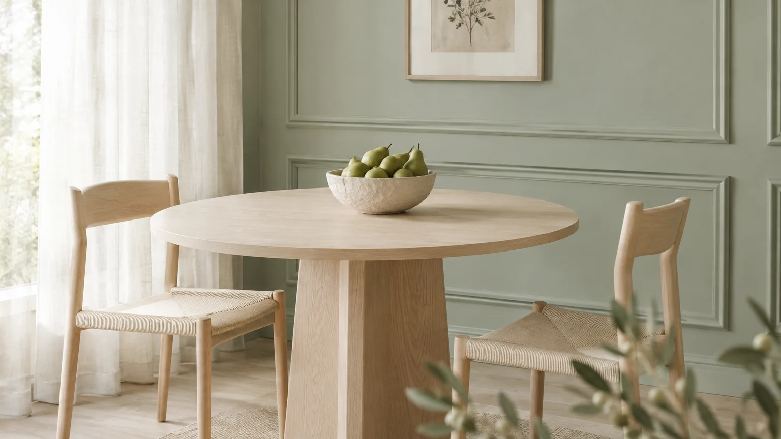 Round blonde wood dining table with woven chairs and a bowl of pears against a pale sage green paneled wall.