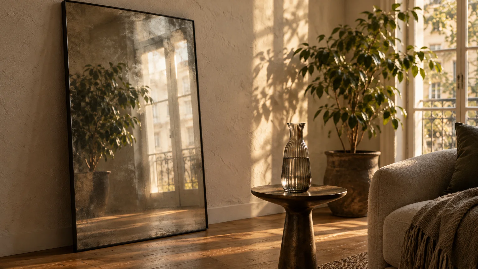 Large antiqued mirror leaning against a living room wall reflecting balcony windows, with a plant and side table nearby.