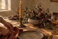 Hands arranging a rust cloth napkin beside a ceramic plate, twisted candle in brass holder, and rustic floral centerpiece.