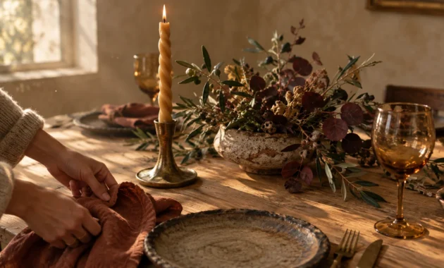 Hands arranging a rust cloth napkin beside a ceramic plate, twisted candle in brass holder, and rustic floral centerpiece.